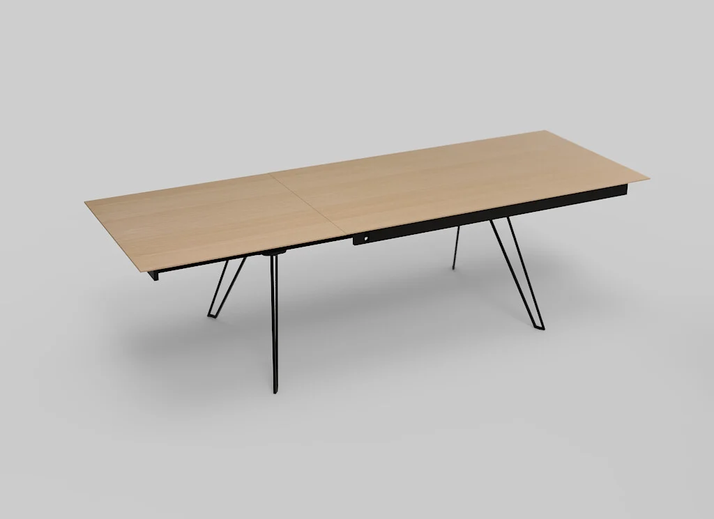 De Izola TAFEL 180-280 S04 is een moderne rechthoekige tafel met een licht houten blad, een slank zwart metalen frame en schuine zwarte poten, tegen een effen lichtgrijze achtergrond.