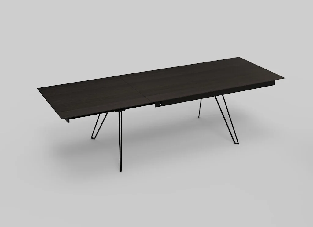 De Izola TAFEL 180-280 EL99 is een moderne, rechthoekige tafel van donker hout met slanke zwarte metalen poten en een uitschuifbare centrale naad, afgebeeld tegen een effen lichtgrijze achtergrond.