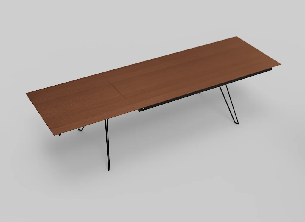 De Izola TAFEL 220-320 EL21 is een lange, rechthoekige houten tafel met een glad, gepolijst oppervlak en dunne, zwart metalen poten, met een modern, minimalistisch ontwerp tegen een effen lichtgrijze achtergrond.
