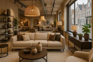 Interieur van een woonkamer met zachte stoelen en banken in neutrale kleuren. Is een harde of zachte stoel beter tegen rugpijn?