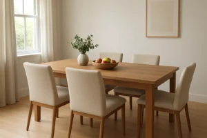 Een minimalistische eetkamer met een houten tafel, vier beige gestoffeerde stoelen en een witte vaas met groen. Je vraagt je af "Is 122 cm te breed voor een eettafel?". Hier zorgen het zonlicht en de luchtige inrichting ervoor dat de ruimte open en uitnodigend aanvoelt.