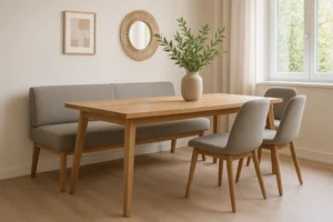 Een minimalistische eetkamer heeft een houten tafel - anders dan een salontafel of bijzettafel - twee grijs gestoffeerde stoelen, een bijpassende bank, een vaas met groene takken en neutrale wanddecoratie bij een licht raam.