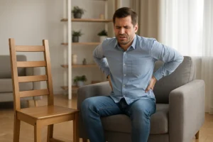 Een man zit binnenshuis in een leunstoel met pijn in zijn onderrug. Vlakbij staat een houten stoel naast planken met planten - wat is het verschil tussen een salontafel en een bijzettafel?.