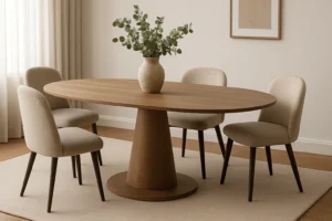 Een minimalistische eetkamer met een ronde houten tafel - perfect als je je afvraagt: "Is een ovaal een goede vorm voor een eettafel?" - vier beige gestoffeerde stoelen, een licht vloerkleed, groen in een vaas, transparante gordijnen en ingelijste kunst aan de muur.