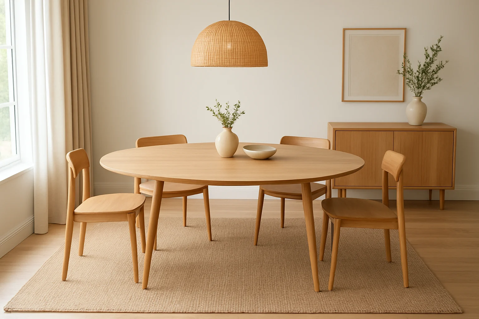 Een lichthouten eettafel met vier bijpassende stoelen staat op een beige vloerkleed. Is een ovale eettafel handig? In deze minimalistische, luchtige kamer zie je de ovale tafel, een vaas met bloemen, een schaal, decor op het dressoir en een geweven hanglamp.