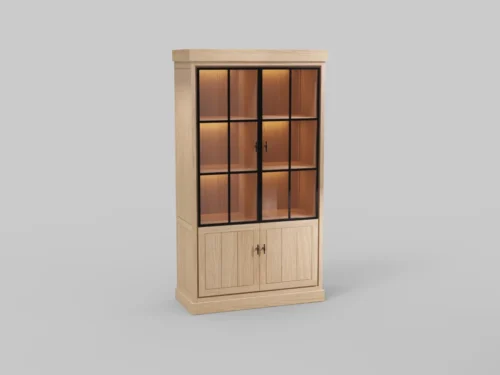 Houten JURA vitrinekast met glazen deuren en zwarte accenten. Zacht licht benadrukt de houten textuur tegen een neutrale achtergrond.