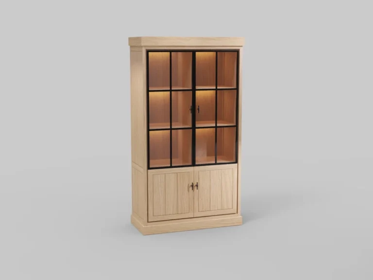 Houten JURA vitrinekast met glazen deuren en zwarte accenten. Zacht licht benadrukt de houten textuur tegen een neutrale achtergrond.