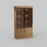 Houten JURA vitrinekast met glazen deuren en zwarte accenten. De kast heeft een warme uitstraling door de zachte belichting van binnenuit.