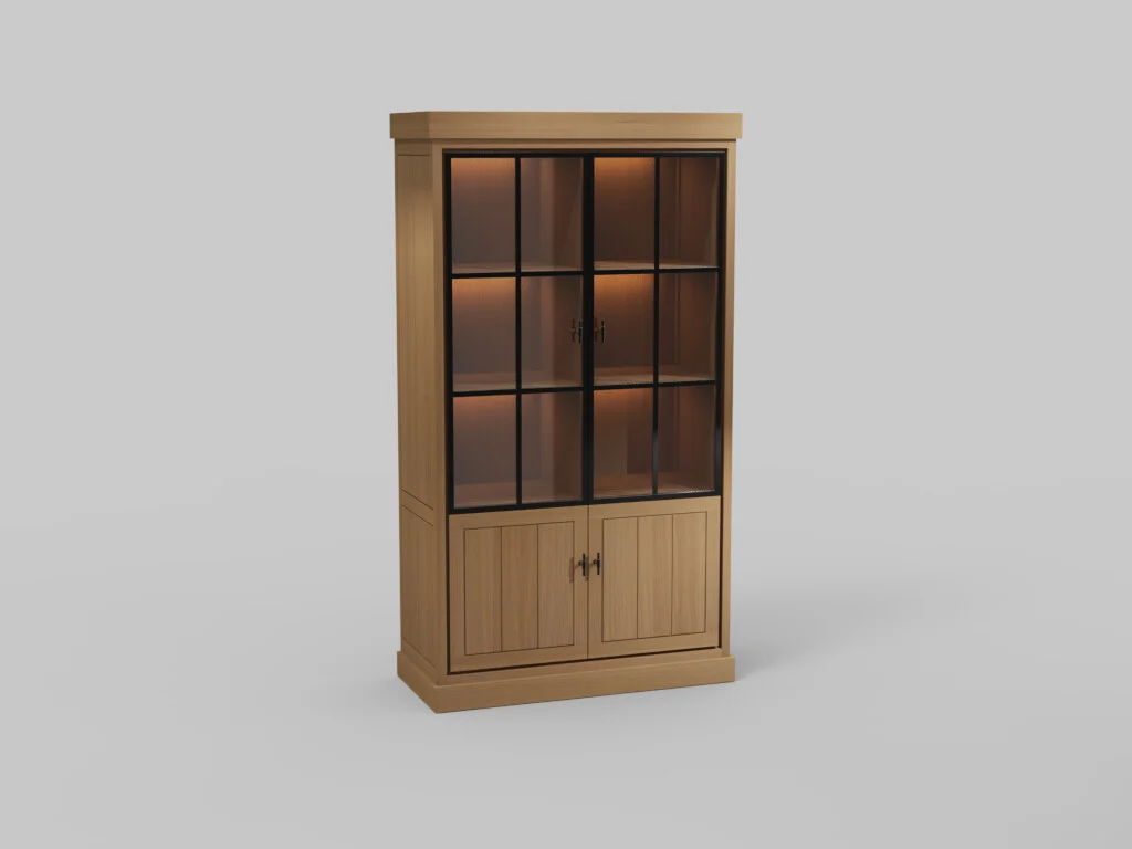 Houten JURA vitrinekast met glazen deuren en zwarte accenten. De kast heeft een warme uitstraling door de zachte belichting van binnenuit.