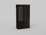 Zijaanzicht van een donkerbruine JURA VITRINE, met glazen deuren en een houten frame. De achtergrond is egaal grijs en de belichting is zacht.