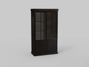 Zijaanzicht van een donkerbruine JURA VITRINE, met glazen deuren en een houten frame. De achtergrond is egaal grijs en de belichting is zacht.