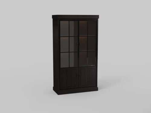 Zijaanzicht van een donkerbruine JURA VITRINE, met glazen deuren en een houten frame. De achtergrond is egaal grijs en de belichting is zacht.
