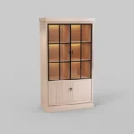JURA VITRINE2 WWM: Houten kast met glazen deuren en zwarte accenten, zachte belichting. Neutrale achtergrond. Strakke lijnen, moderne uitstraling.