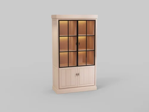 JURA VITRINE2 WWM: Houten kast met glazen deuren en zwarte accenten, zachte belichting. Neutrale achtergrond. Strakke lijnen, moderne uitstraling.