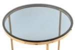 De Bijzettafel Grijs Staal Design is een ronde bijzettafel met een grijs stalen frame en een getint glazen blad, van bovenaf gezien.