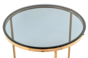De Bijzettafel Grijs Staal Design is een ronde bijzettafel met een grijs stalen frame en een getint glazen blad, van bovenaf gezien.