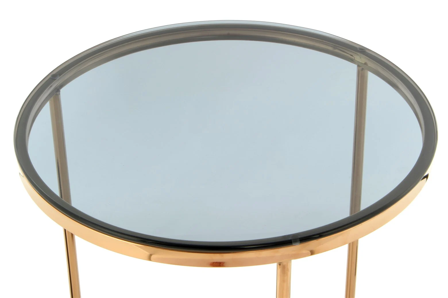 De Bijzettafel Grijs Staal Design is een ronde bijzettafel met een grijs stalen frame en een getint glazen blad, van bovenaf gezien.