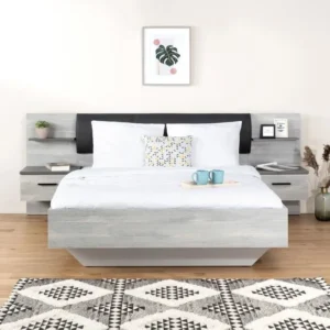 Bedset 140 x 190 cm Eiken Hoofdbord Kunstleer 2 Nachtkastjes