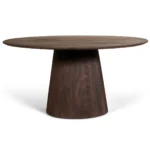 De Mokka Ronde Eettafel Donkerbruin - Ø150cm is een ronde, donkerbruine houten tafel met een dik conisch onderstel en een glad, plat blad.