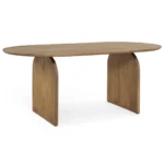De Bella Eettafel Naturel - 180cm is een moderne, ovaalvormige houten tafel met twee brede gebogen poten, een glad oppervlak en een minimalistisch ontwerp in een lichte houten afwerking.