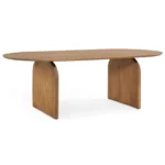 De Bella Eettafel Naturel - 220cm is een moderne ovale houten eettafel met een glad oppervlak en twee brede, gebogen paneelpoten.