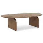 De Salontafel 78 x 38 CM Mangohout is een ovale houten salontafel in industriële stijl met een glad blad en twee dikke, gebogen poten, tegen een effen witte achtergrond.