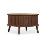 Salontafel 65 CM Rond-ronde houten salontafel met verticale latten aan de zijkanten, donkerbruine afwerking en vier schuine poten.