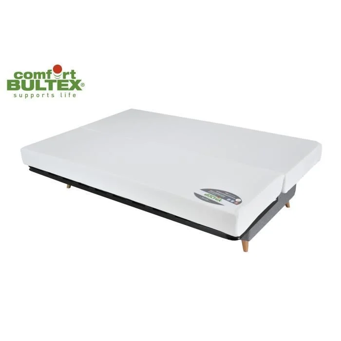 Bovenaanzicht van een witte slaapbank. De lichtgrijze Bultex clic-clac heeft houten poten en een donkere basis. Heldere belichting benadrukt de strakke lijnen.