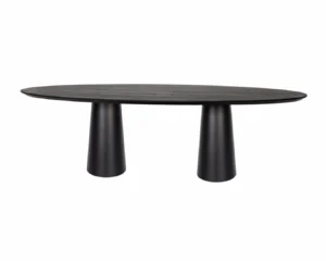 De Ovaal - Eikenhouten eettafel - Duo Lipo is een moderne ovaalvormige zwarte eettafel met een glad blad en twee brede, cilindervormige voetpoten.