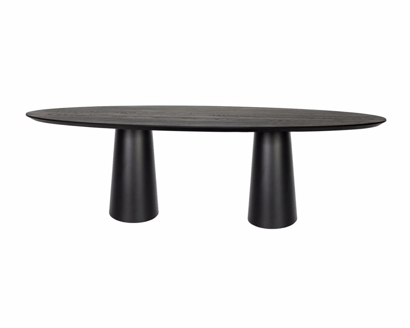De Ovaal - Eikenhouten eettafel - Duo Lipo is een moderne ovaalvormige zwarte eettafel met een glad blad en twee brede, cilindervormige voetpoten.