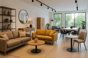 Lichte woonkamer met harde en zachte stoelen, eettafel. Misschien helpt een harde of zachte stoel beter tegen rugpijn?