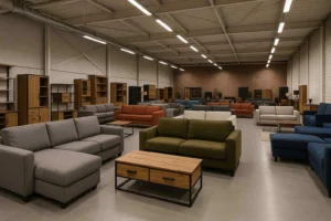 Meubeltoonzaal met diverse banken en kasten. Is een harde of zachte stoel beter tegen rugpijn?