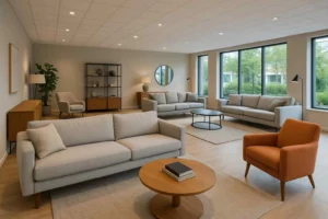 Lichte woonkamer met grijze banken en een oranje stoel. Is een harde of zachte stoel beter tegen rugpijn?