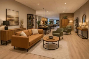 Woonkamer met bruine leren bank en groene stoelen. Is een harde of zachte stoel beter tegen rugpijn?