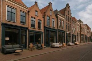 Rij met meubelwinkels met stoelen en banken buiten, relevant voor "Is een harde of zachte stoel beter tegen rugpijn".