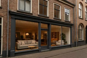 Strakke meubels in een winkelruit. Is een harde of zachte stoel beter tegen rugpijn?