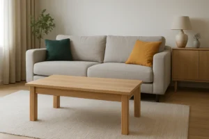 Een moderne woonkamer met een lichtgrijze bank, groene en gele kussens en een houten salontafel op een beige vloerkleed. Moet de salontafel bij de kleur passen? De neutrale tinten worden aangevuld door een potplant en een bijzettafel met lamp.