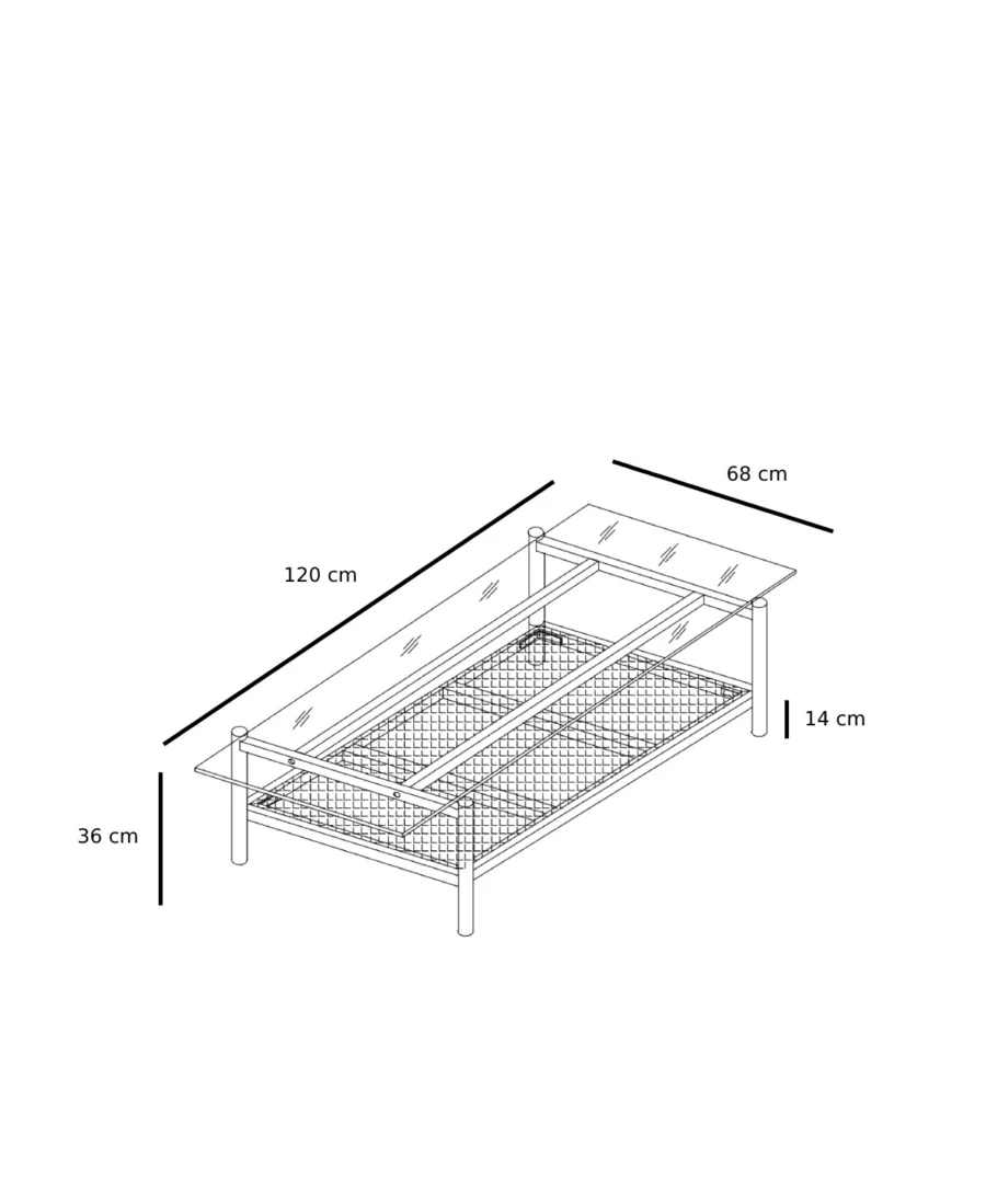 Lijntekening van de Salontafel 69 x 37 CM, een rechthoekig bedframe van draadraster met vier poten, een schuine transparante hoes, en gelabelde afmetingen: 120 cm lang, 68 cm breed, 36 cm hoog aan het ene uiteinde, 14 cm hoog aan het andere.