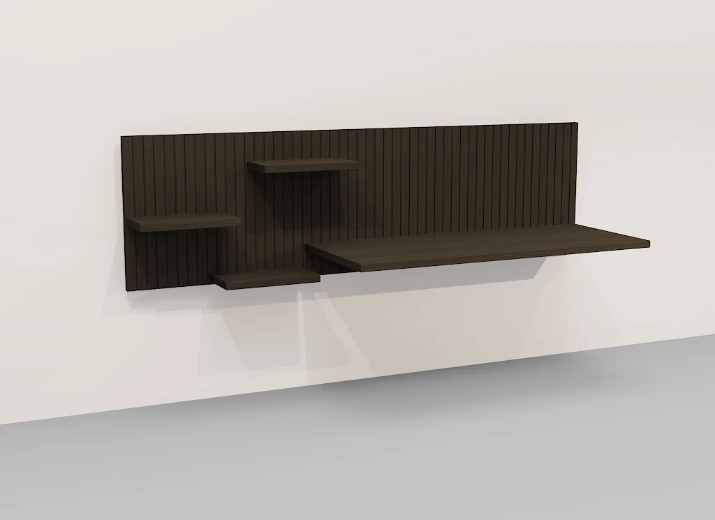 Eiken Napoli bureau, Belgisch ontwerp. Wandbureau met planken, ideaal voor thuiswerk.