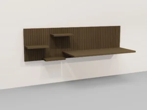 Eiken bureau Napoli E55M tegen een witte muur. Het bureau heeft een ruim tafelblad en planken in bruine tinten. Het is Belgisch design.