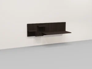 Zijaanzicht van een donkerbruin eikenhouten bureau Napoli E70 M aan een witte muur. Strakke lijnen en minimalistisch Belgisch design.