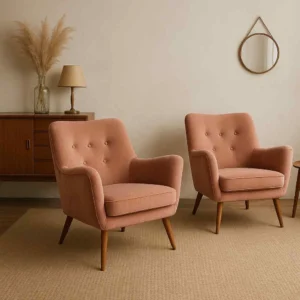 Twee roze fauteuils, passend bij de vraag: is een harde of zachte stoel beter tegen rugpijn?