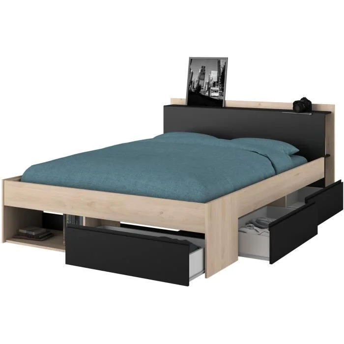 Tweepersoonsbed 160 x 200 cm Eiken Zwart met 3 opbergladen