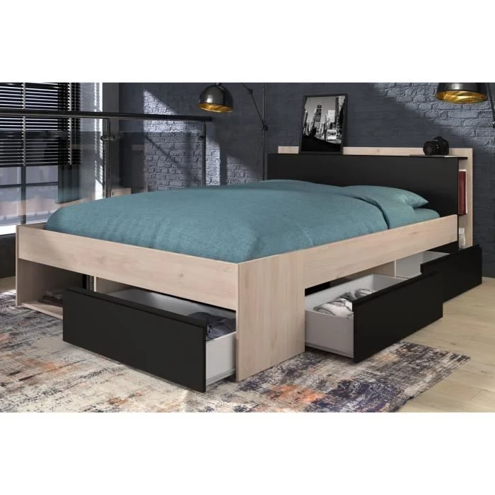 Tweepersoonsbed 160 x 200 cm Eiken Zwart met 3 opbergladen - Afbeelding 2