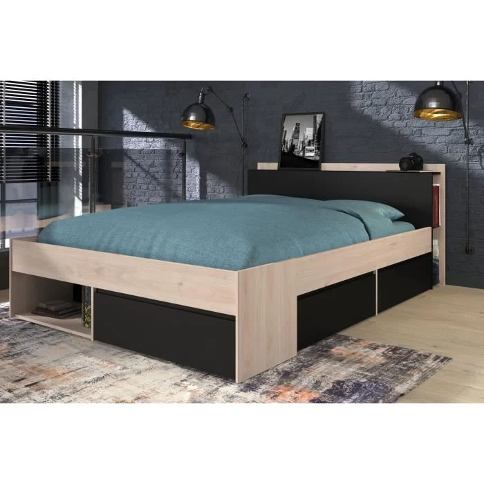 Tweepersoonsbed 160 x 200 cm Eiken Zwart met 3 opbergladen - Afbeelding 3