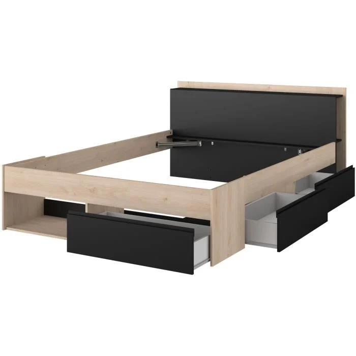 Tweepersoonsbed 160 x 200 cm Eiken Zwart met 3 opbergladen - Afbeelding 4