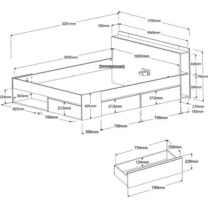 Tweepersoonsbed 160 x 200 cm Eiken Zwart met 3 opbergladen - Afbeelding 6