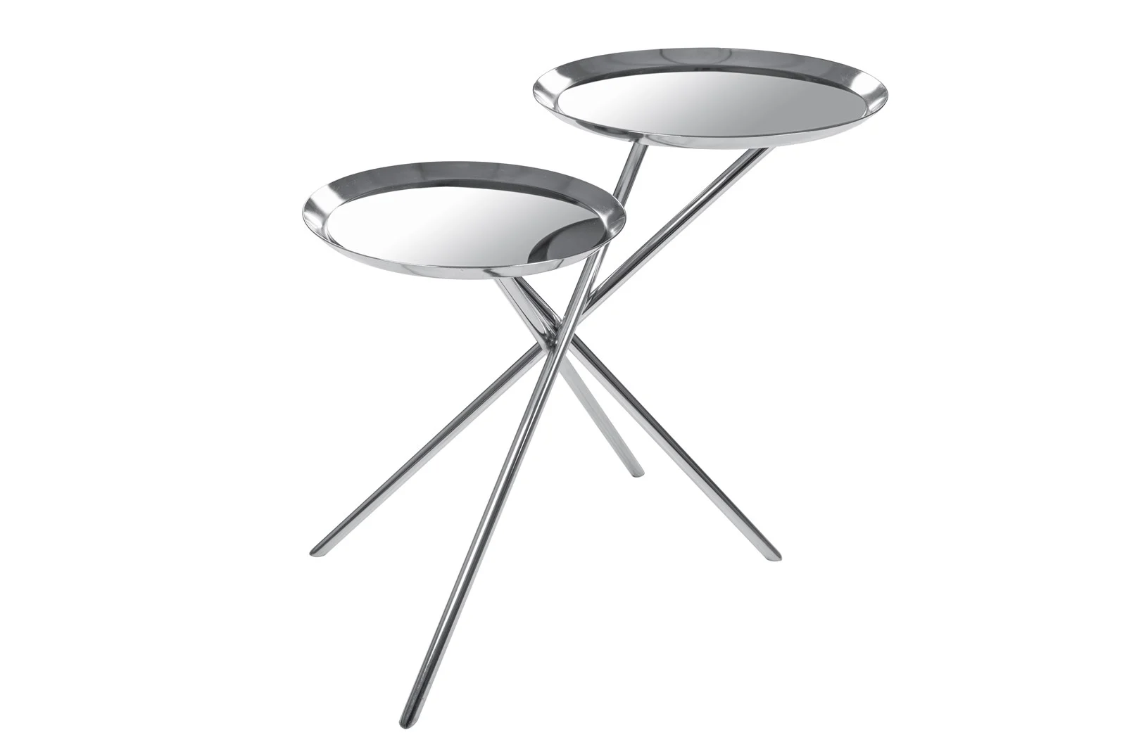 De Bijzettafel Zilver Rond Ijzer Design heeft twee moderne, ronde metalen bijzettafels met reflecterende bladen, elk op drie slanke gekruiste poten. Ze hebben een strakke, minimalistische uitstraling en zijn verkrijgbaar in verschillende hoogtes.