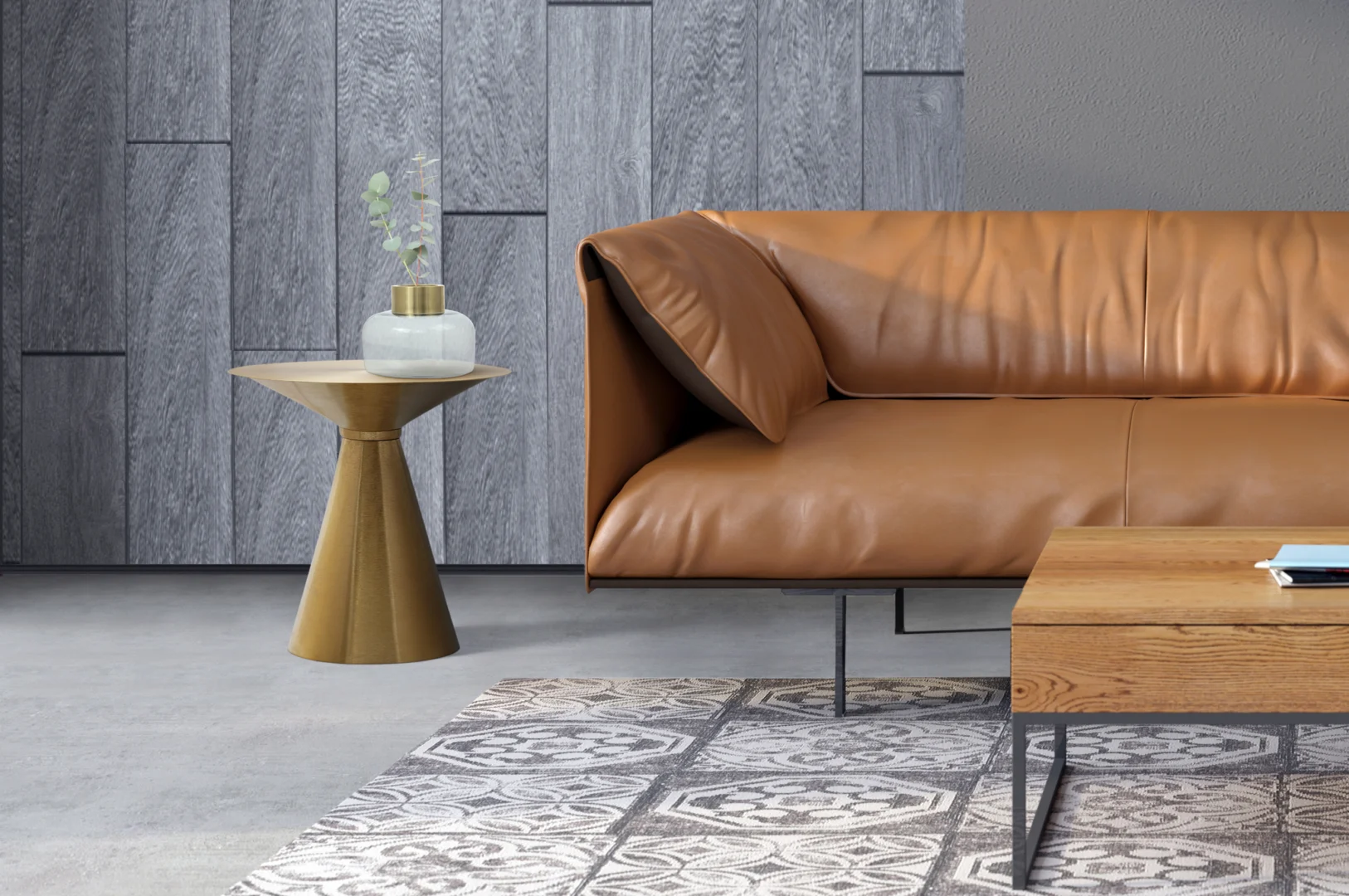 Een moderne woonkamer met een bruine leren bank, een houten salontafel, een vloerkleed met patroon en de Bijzettafel Goud Rond Ijzer Chique met een witte vaas met groen, tegen een muur met grijs patroon.