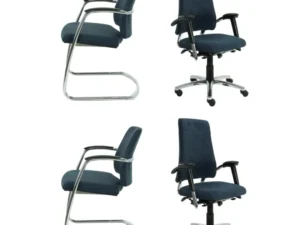 Er worden vier Bureaustoel BMA Gereviseerde refurbished bureaustoelen getoond: twee met chromen sledeonderstellen gezien vanaf de zijkant, en twee met zwarte verrijdbare onderstellen en armleuningen gezien vanaf de voorkant. Alle stoelen hebben donkerblauwe zittingen en rugleuningen.
